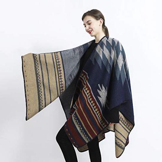 Large Ortega Check Pattern Knit Woven Tonbi Woven Ethnic LOPKS. Stole/Poncho/Scarf, (Navy), Scarf, Snood, Cape, Cape, Shawl, -21