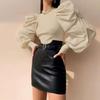 Damen Eleganter Pullover Herbst Winter Mode Puffärmel Dehnbar Gewebter Ärmel Rüschenoberteil