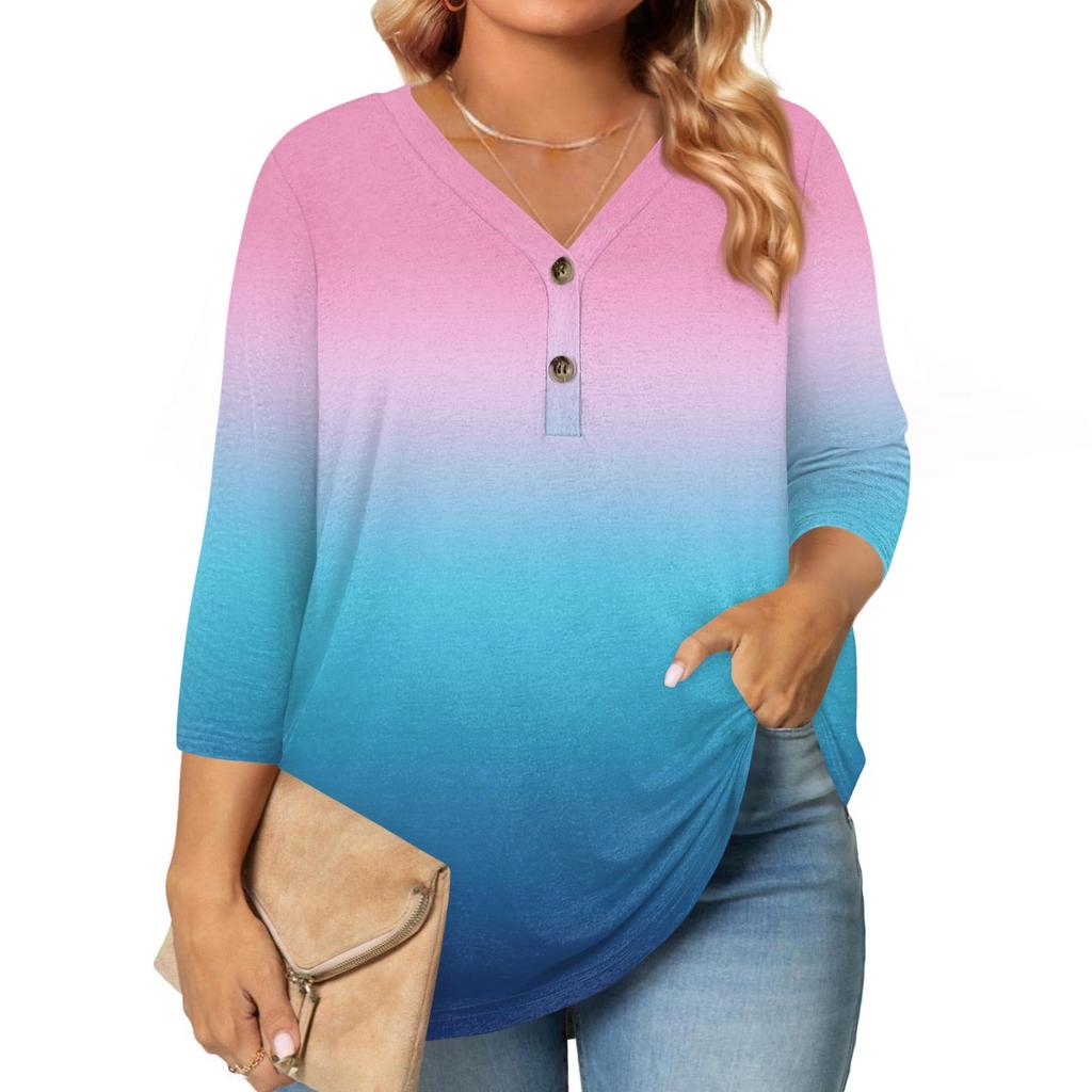 3/4 Length Sleeve Womens Tops Plus Size Button Down V Neck Shirts Blouses Casual Print Loose