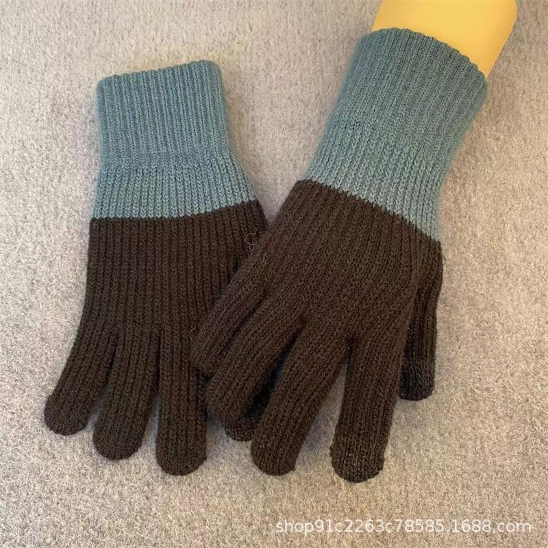 Warm Knitted Touchscreen Gloves Winter Thick Fleece Lined Color Block Design Unisex Full Finger
