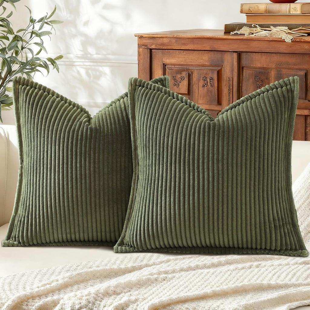 Green Corduroy Throw Pillow Covers 18x18 Inch Striped Decor Pillowcase for Living Room Bed Soft Couch Cushion Cover for Sofa