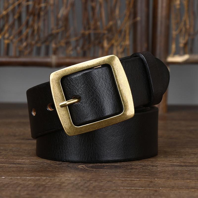 3.8cm Width Thick Retro Cowhide Genuine Leather Belt for Men Solid Brass Copper Pin Buckle Belts Male Strap for Jeans