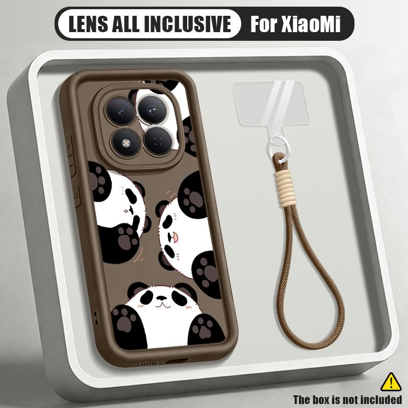 Cute Panda Print Lanyard Case For Xiaomi 14T 13T Pro Redmi Note 15 Pro 4G 14 13 Pro+ 5G Shockproof Bumper Soft Cover
