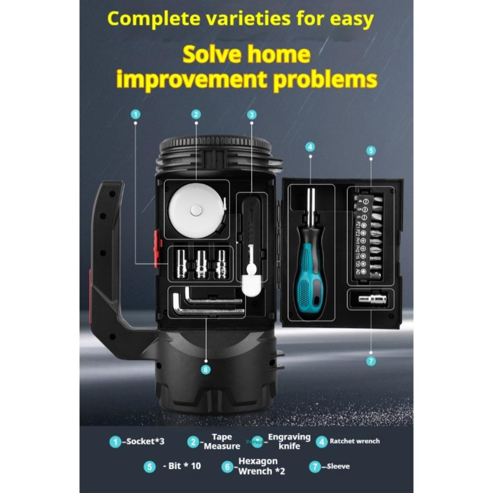 Multi Functional Flashlight Rechargeable Outdoor Searchlight USB Charging with Tools,Hexagonal Socket/tape Measure/art Knife/screwdriver/screwdriver