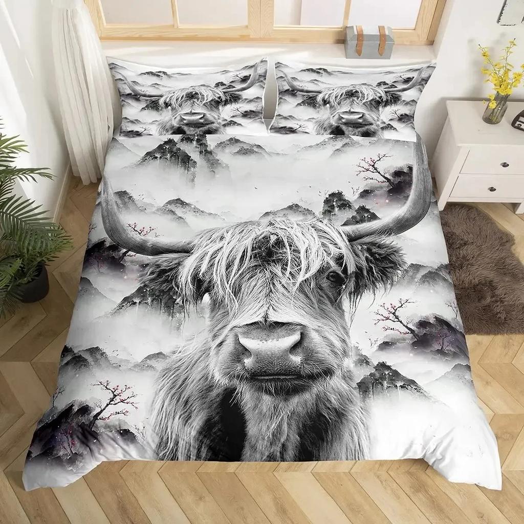 Cow Sunflower Bull Cattle Smoky Mountain Western Comfortable Duvet Cover Pillowcase Bedding Set Children Bedroom Decoration