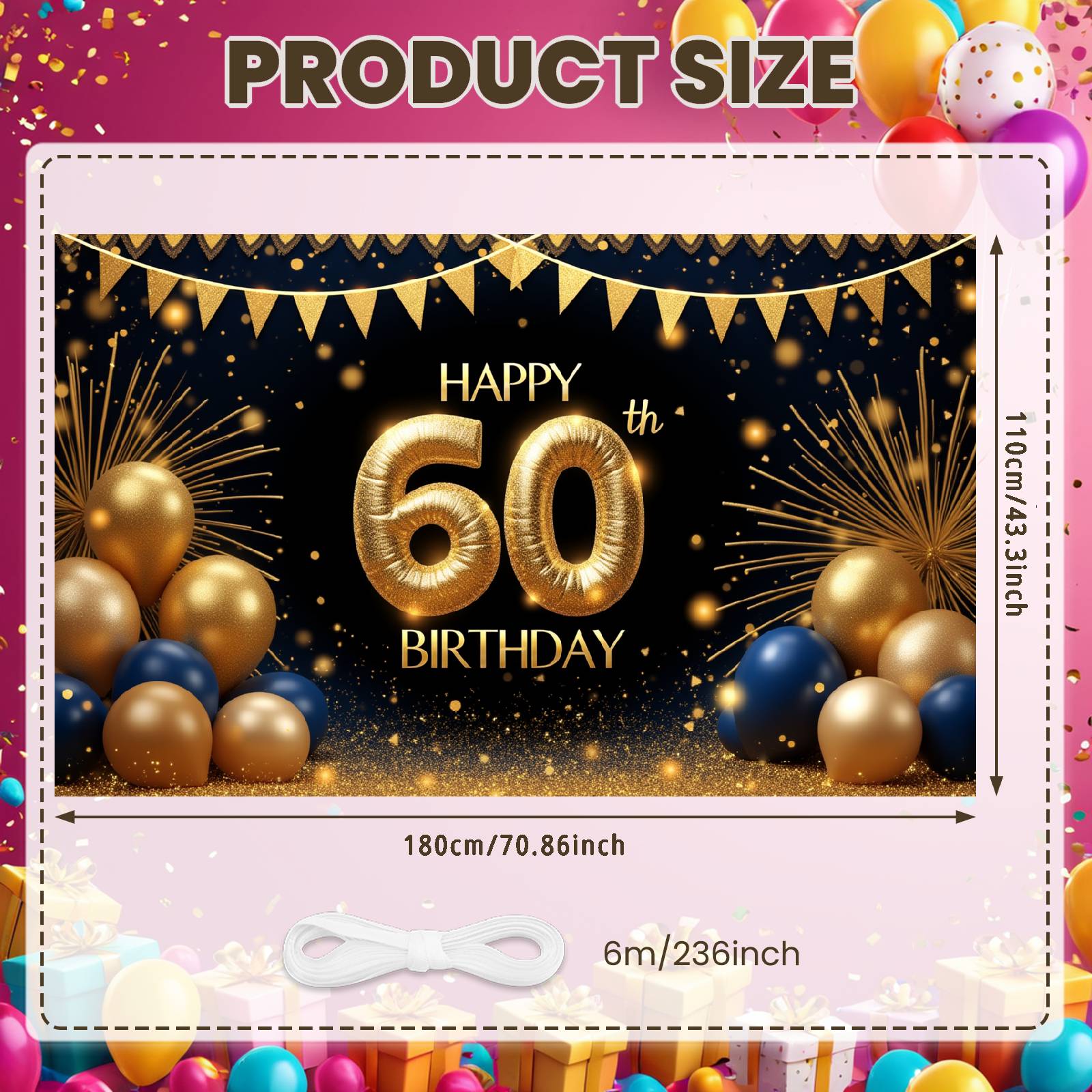 Happy 60th Birthday Banner Golden Glittery 60th Birthday Background Adult Birthday Banner Luxury Elegant For Hotel Banquet