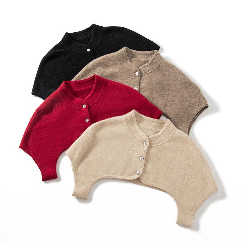 Women's 100% Pure Cashmere Button-Up Shoulder Warmer - Soft, Smooth, Solid Color Knit for Autumn & Winter with Half-High Collar