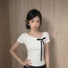 Gram Cotton, Polka Dot Shoulder Short-sleeved T-shirt Women's Summer Bow Design Sense Slim-fitting Short Korean Top