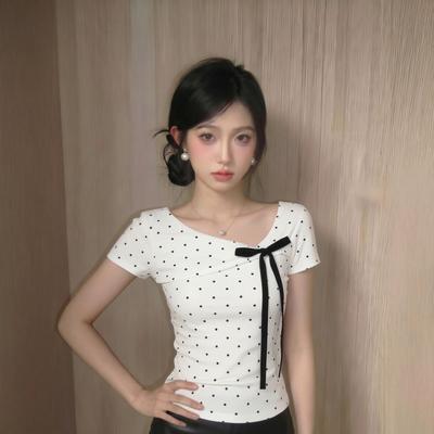 Gram Cotton, Polka Dot Shoulder Short-sleeved T-shirt Women's Summer Bow Design Sense Slim-fitting Short Korean Top