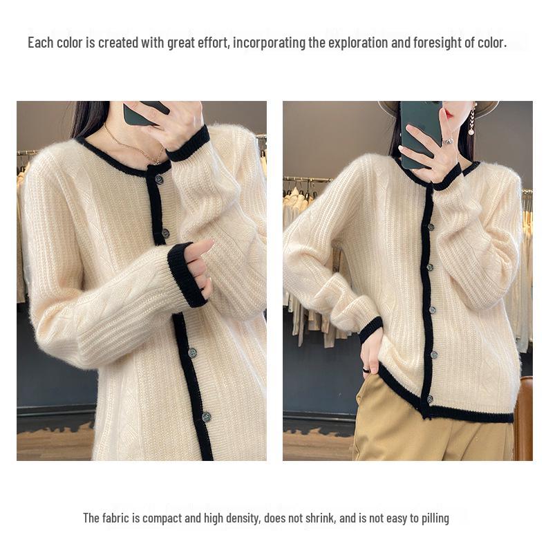 Women's 23-Color Block Round Neck Pure Wool Cardigan - Long Sleeve Knit Sweater
