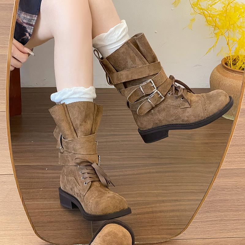 Thick-soled versatile belt buckle Martin boots women's spring and autumn new British style handsome retro mid-tube locomotive boots women's boots