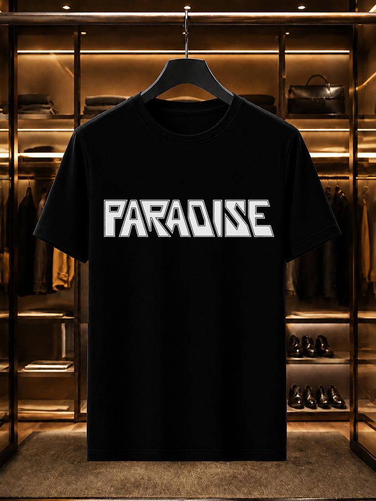 2026 New 100 Cotton Tshirt Paradise Bold Block Letter Print Tee Vintage Minimalist Streetwear Casual Short Sleeve