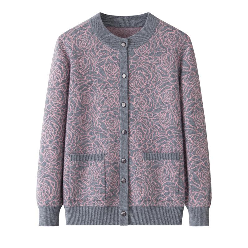 Women's Fashionable Red Pure Wool Jacquard Sweater Coat for Middle-Aged and Elderly Mothers
