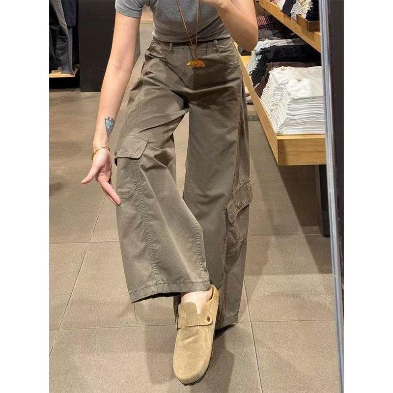 

American retro washed multi-pocket tooling jeans women s autumn high street loose and thin wide legs mopping long pants XL