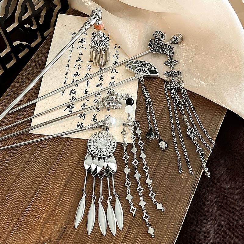 Chinese Style Butterfly Fan Tassel Hair Stick For Women Vintage Metal Hanfu Chopstick Hair Sticks Hair Accessories