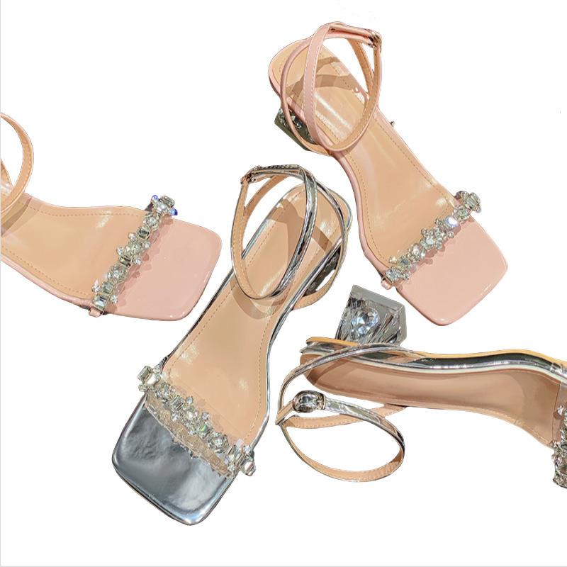 Rhinestone Transparent Sandals Women's 2025 New Summer French Temperament Socialite Crystal Thick Heel Versatile Silver High Heels