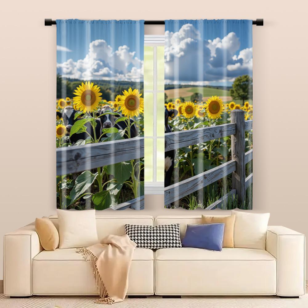 Filtering Curtains Excluding Rods Non Movable Without Batteries Sunflower Cow Use Bedrooms Living Rooms Set Of 2 Made Polyester Area Decor