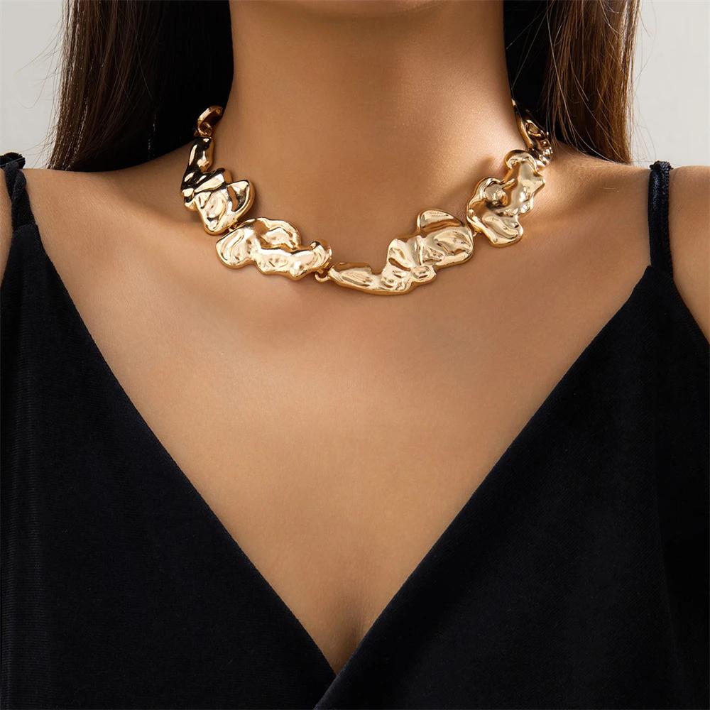 Unique Exaggerated Irregular Big Necklace for Women Creative Thick Gold and Silver Color Metal Chain Choker Fashion Jewelry Gift