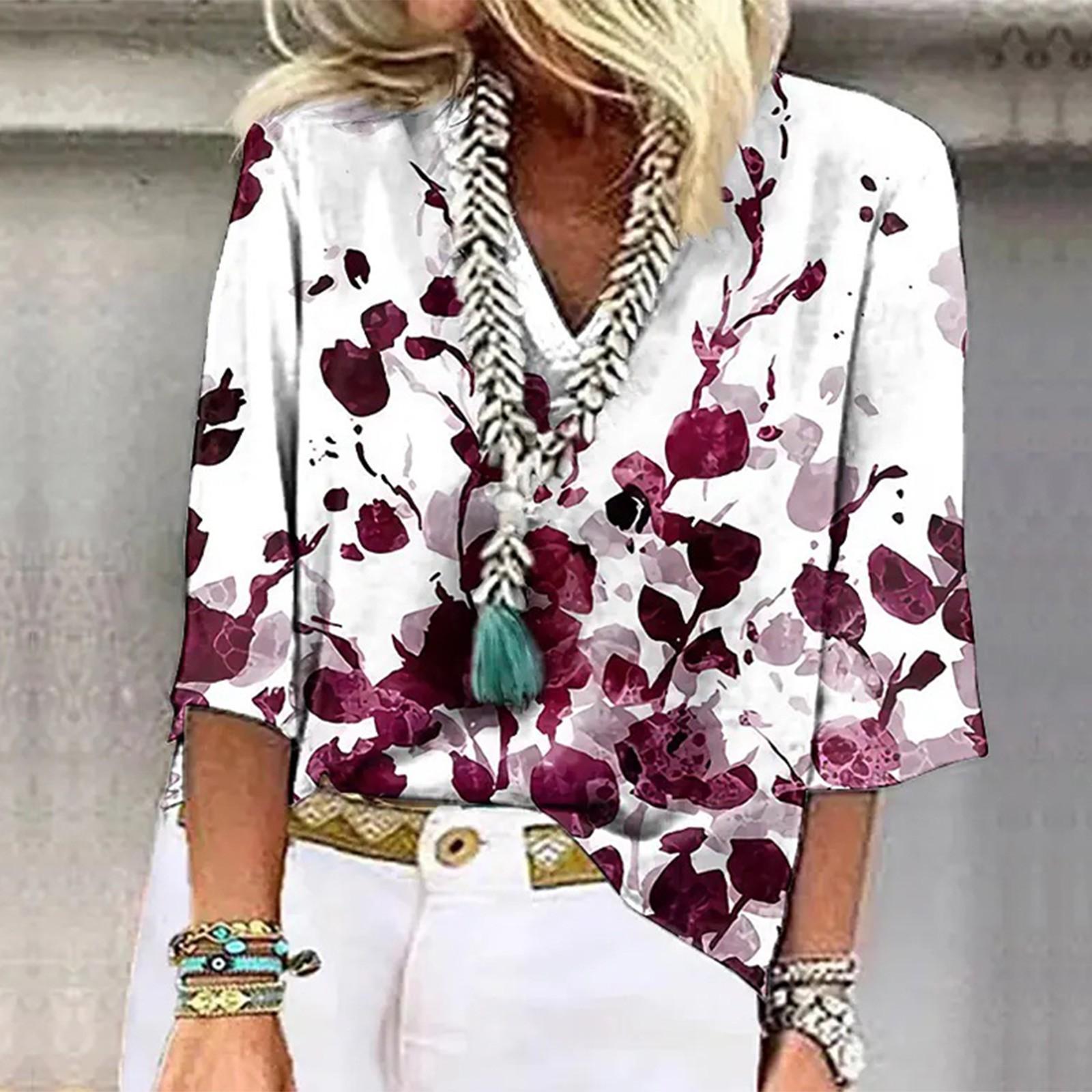 

Женская рубашка-блузка повседневные свободные рубашки с рукавом 3/4 и принтом с V-образным вырезом Топы Футболки Футболка XXXL красный