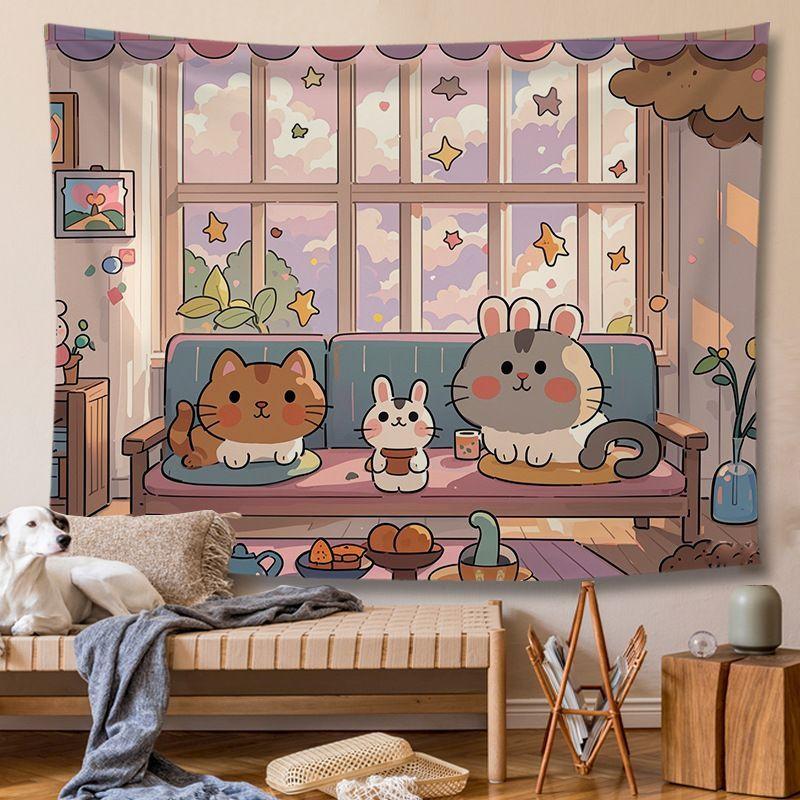 Sakura Bear Coffee Shop Tapestry Wall Hanging Home Decor for Bedroom Living Room Dorm Cartoon Cute Healing Shop