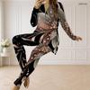 Women Plus Size Black Printed Front Zip Long Sleeve Top And Fitted Pants Two Piece Set