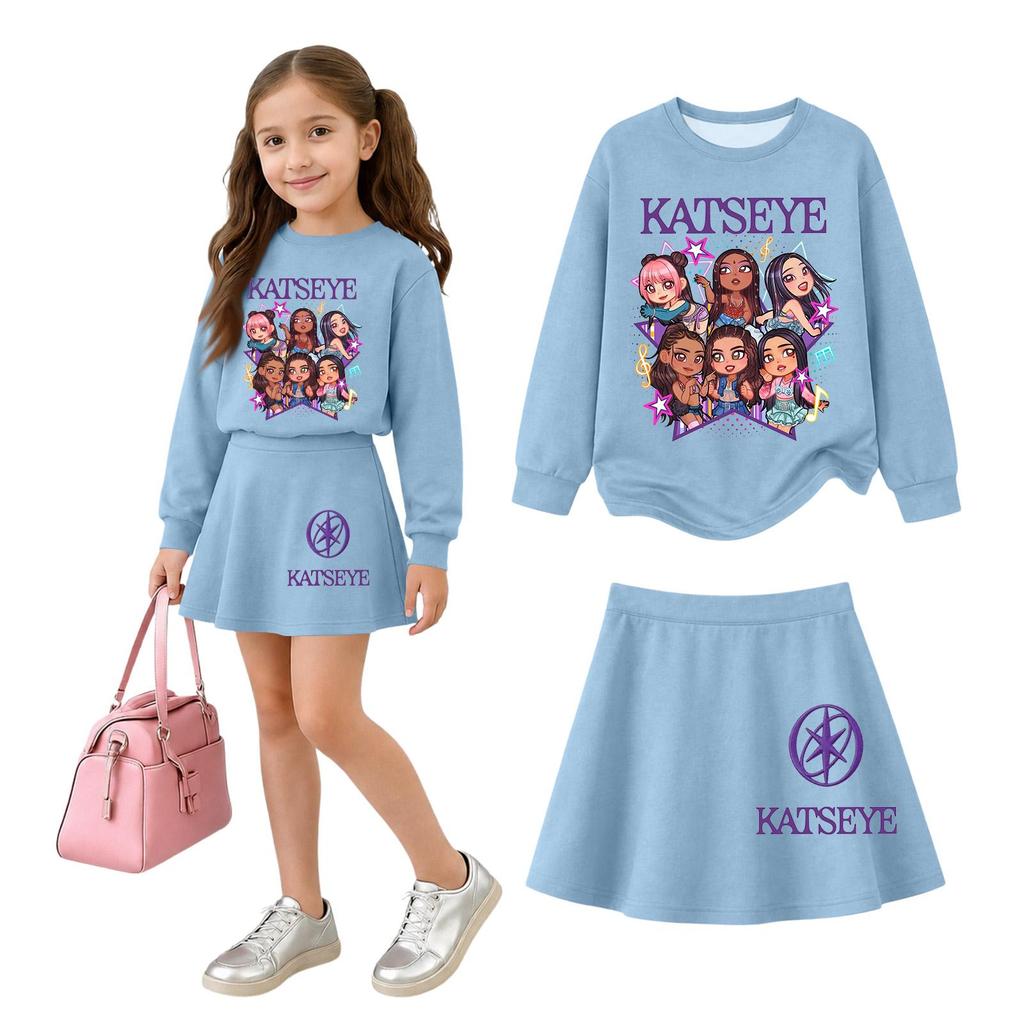 Girls' Long Sleeve Neck Top and Skirt 2 Piece Casual Outfit Set for Everyday Wear