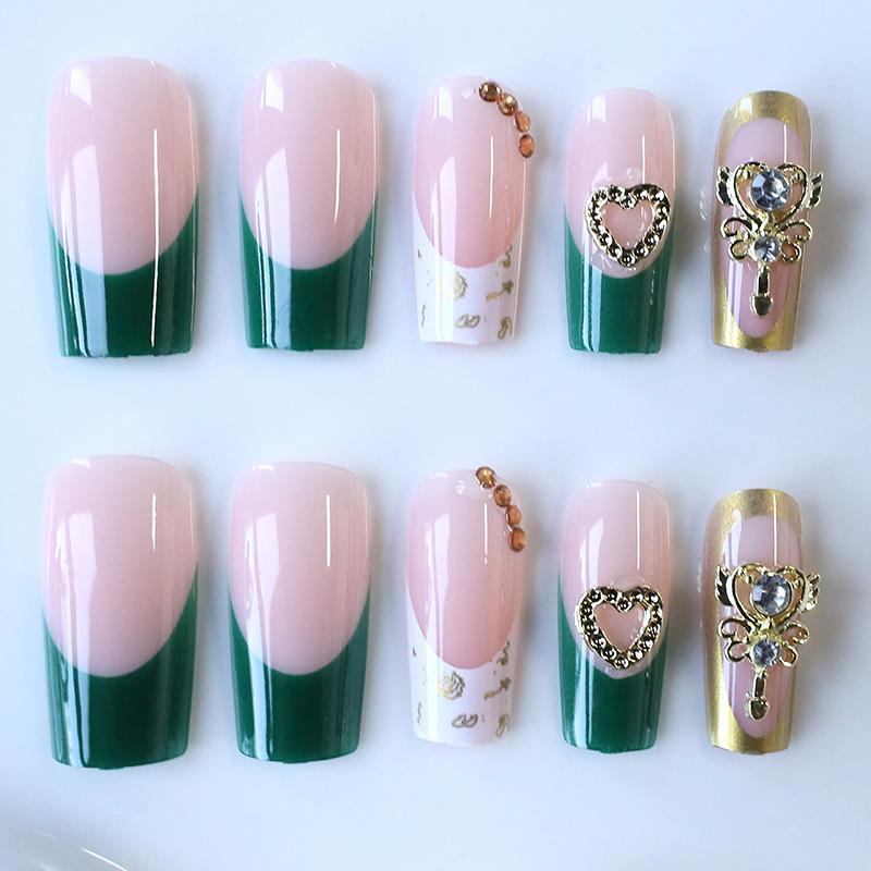 Nail Art Avanzato Moda Semplice Verde Classico Francese Flash Diamante Amore Unghia Media e Lunga da Indossare