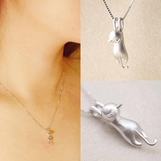 Women Faux Silver Lovely Jumping Cat Pendant Necklace Collar Jewelry