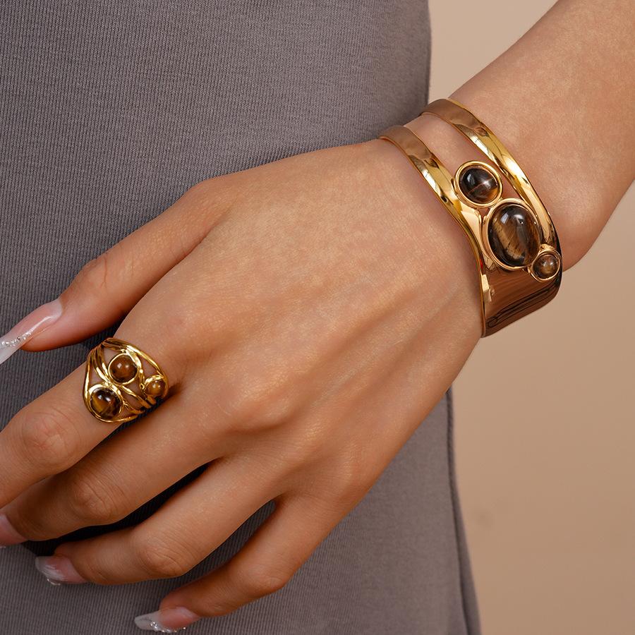 18k real gold electroplated stainless steel tiger's eye stone oval opening bracelet retro bracelet