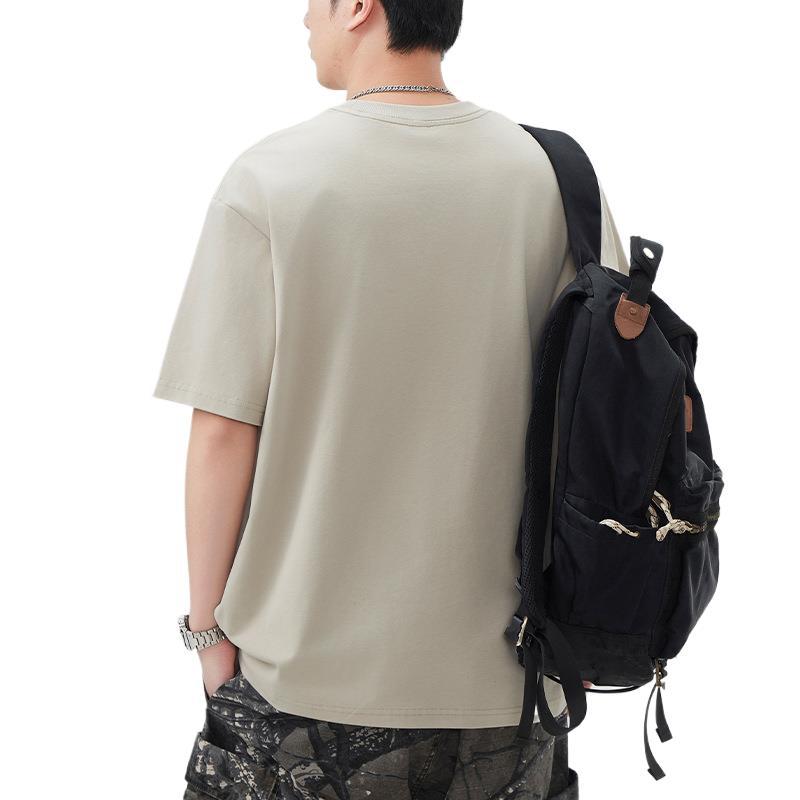 Solid Color Embroidered Short-sleeved T-shirt for Men's Summer New Five-point Sleeve T-shirt Round Neck Loose