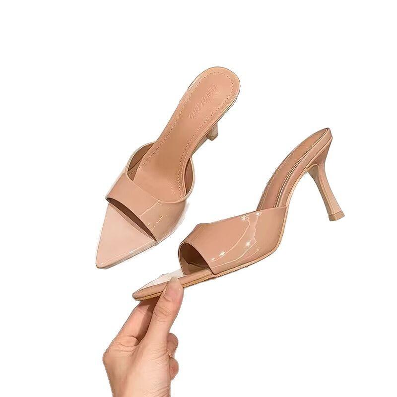 Patent leather high-heeled cool slippers women's summer 2025 new pointed thin heels wear large size women's slippers