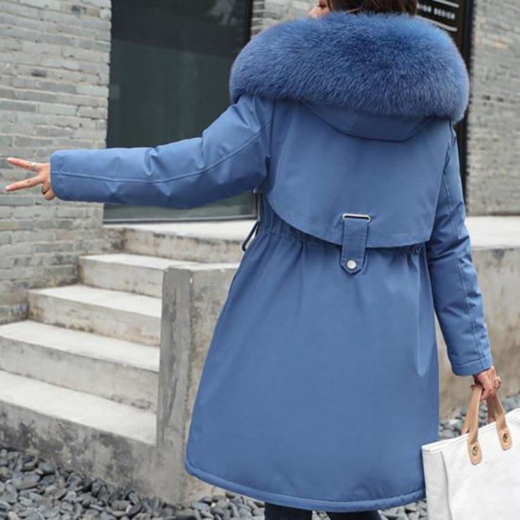 Winter Damen Mittellanger Plüschmantel Langarm Pelzbesetzte Kapuze Taschen Reißverschluss Knopfverschluss Große Größen Dickes Baumwollfutter Jacke