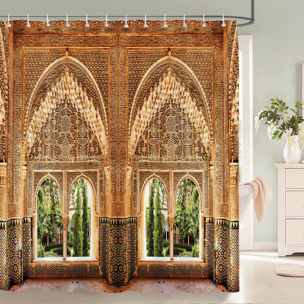 Bathroom Waterproof Shower Curtain Polyester 3D Nordic Moroccan Style Arch Landscape Printing Home Decoration Curtain With Hook
