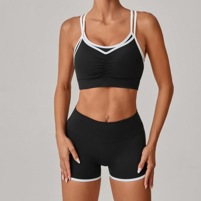 Color Block Sports Bra High-Waist Shorts Set Women Tight Fit Yoga Running Fitness