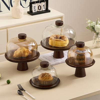 Retro Acacia Wood Tall Cake Tray with Glass Cover Wedding Dessert Table Display Rack Exquisite Afternoon Tea Dessert Tray
