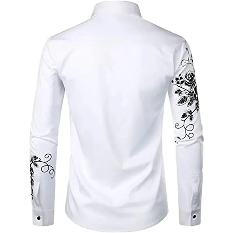 Pure White with Rose High-end Men's Long-sleeved Shirt Summer Fashion Outdoor Wear Polyester Fiber Digital Printing