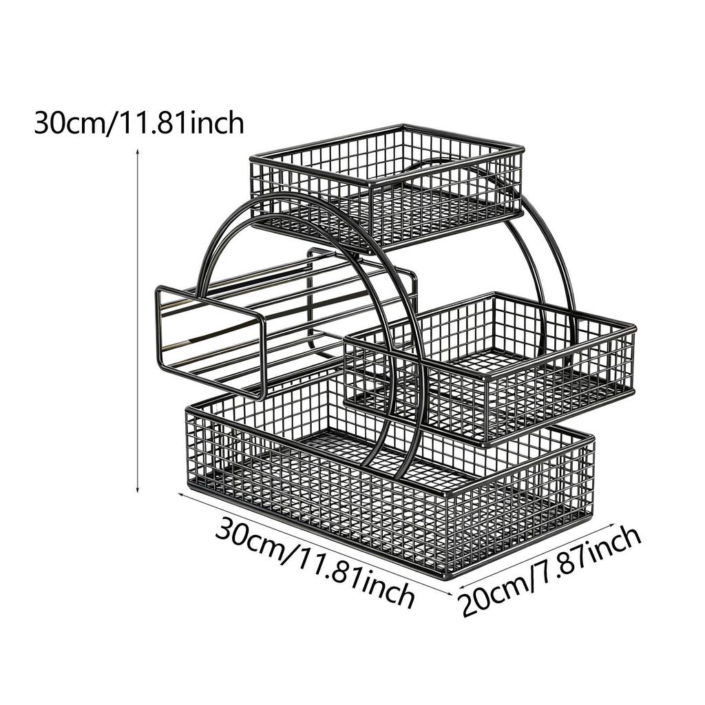 Iron Triple Layer Fruit Basket Snack Tray Open Access Design Smooth Edges Accessories 11.8x7.8x11.8inch with Tissue Box Holder