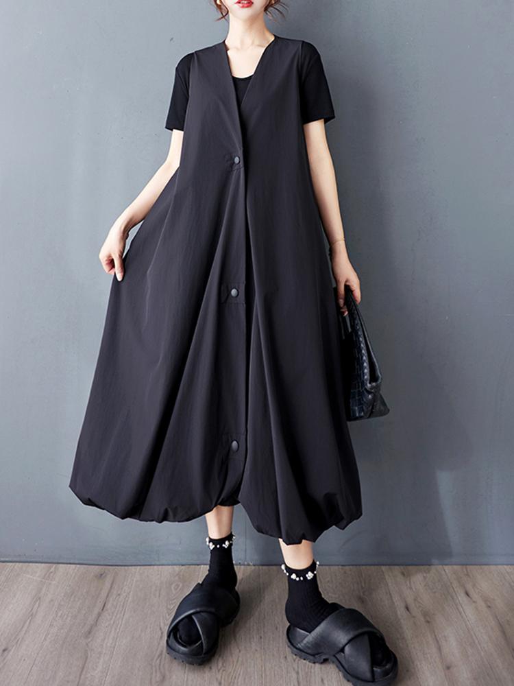 Xitao Bud Single Breasted V-neck Sleeveless Dress GYX1558