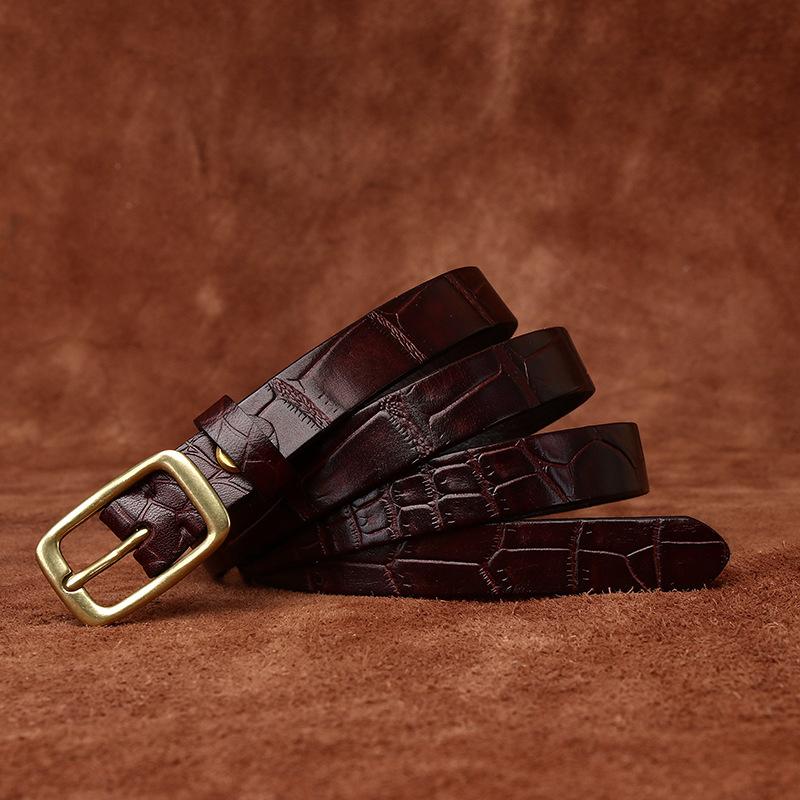 Fine Women's Belt Italian Retro Fashion All-Matching Decorative Genuine Cattlehide Leather Surface Pressure Crocodile Pattern Belt for Women