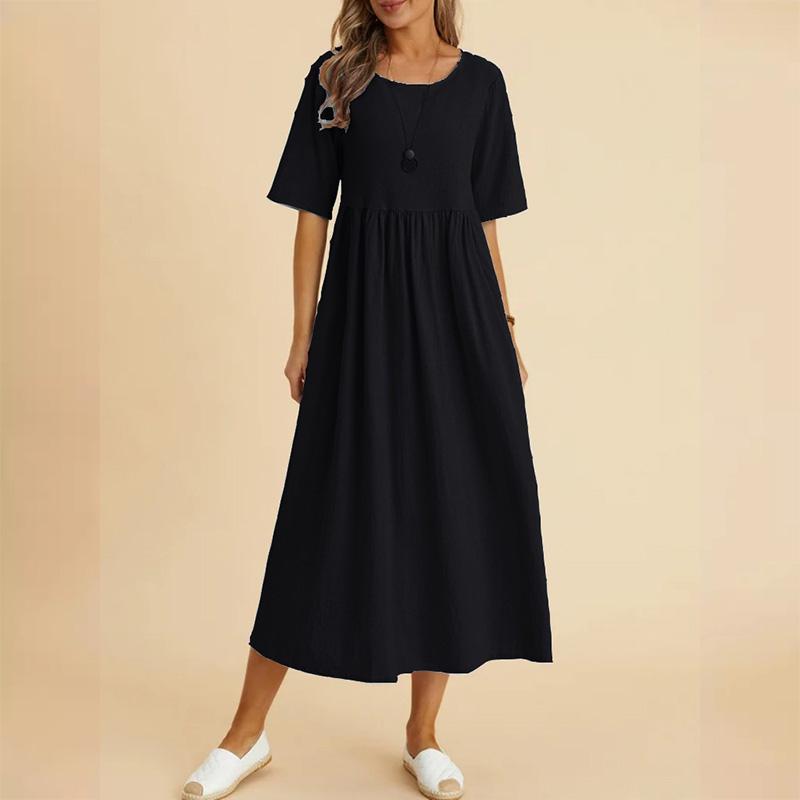 Women's Plus Size Loose Cotton Linen Round Neck Elbow Sleeve Midi Dress