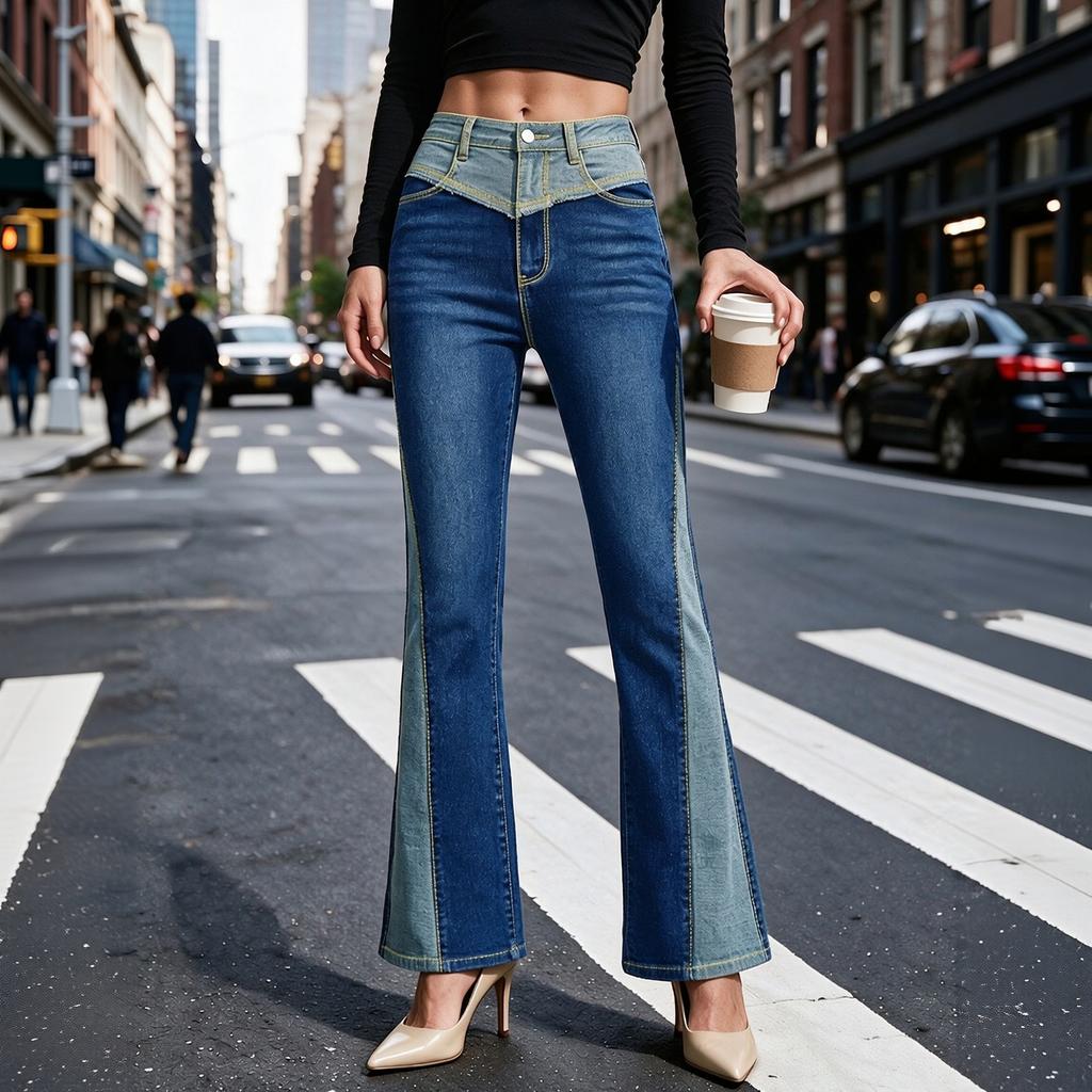 Damen Casual High Waist Patchwork Schlagjeans Denim Hose für den Alltag