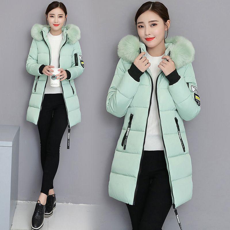 Women Winter Outwear Korean Big Fur Collar Down Cotton Parka Women Slim Mid-Long Fashion Overcoat Warm Thick Wadded Jacket Coat