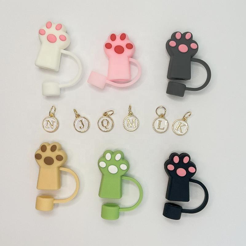 10mm Customization Animal Cat Dog Paw Dust-Proof Silicone 3D Straw Toppers Straw Cover with Letter Charm for Tumbler Cup