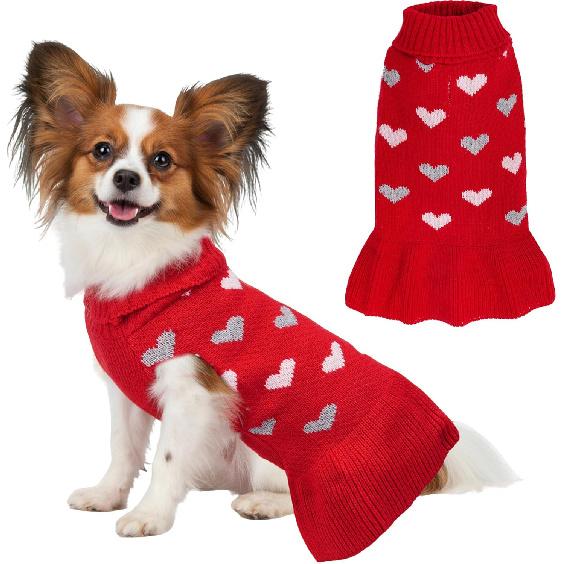 Small Dog Sweater Dress Heart Puppy Sweater Dog Knitted Clothes with Leash Hole Turtleneck Pullover Warm