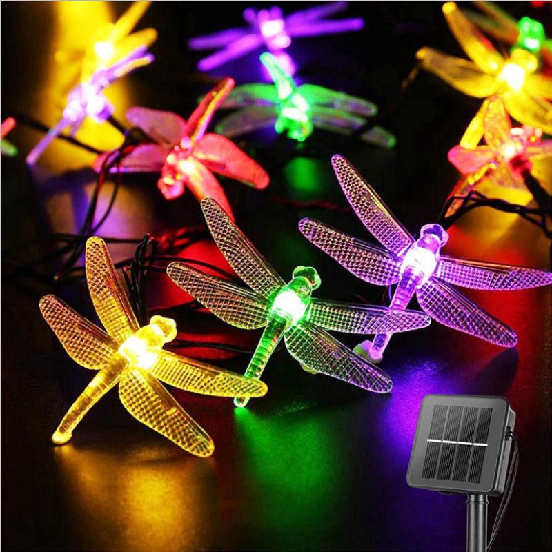 Solar Dragonfly LED String Lights - Outdoor Waterproof Decor for Balcony and Garden Atmosphere.