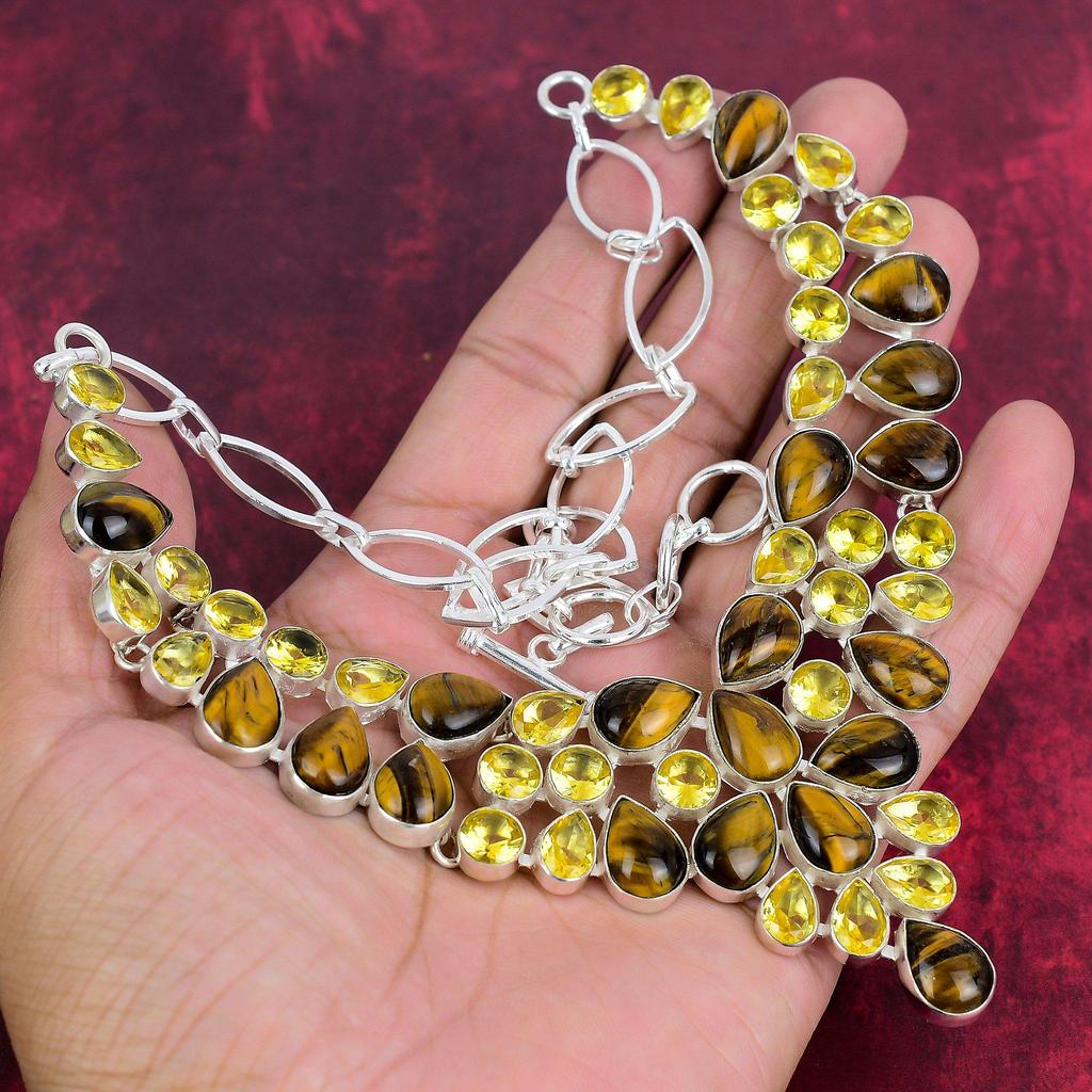 Tiger's Eye, Citrine Necklace, 925 Solid Sterling Silver Gemstone Jewelry, Handmade Necklace, For Thanksgiving