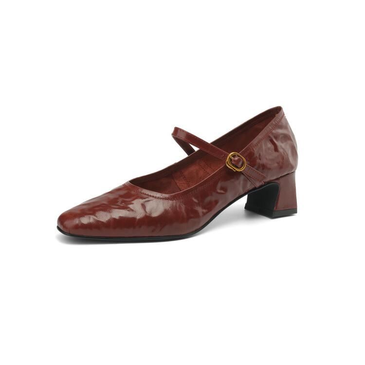 

Skinny little square head! Leather light mouth single shoes women s thick heel French retro Mary Jane shoes burgundy medium heel leather shoes 34