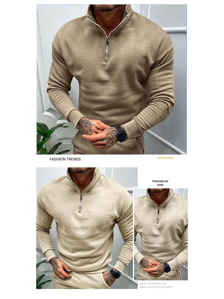 Men's Casual Fleece-lined Half-Zip Stand Collar Sweatshirt