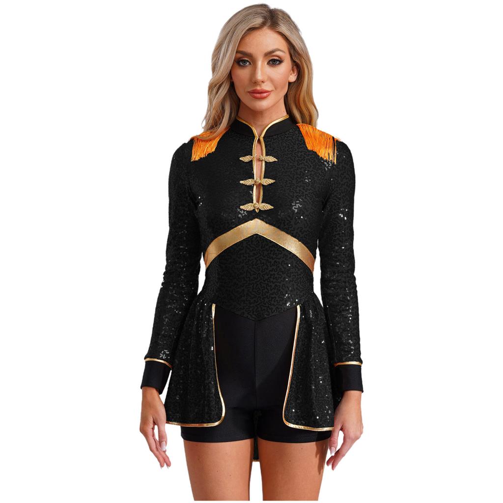 Women Circus Magician Cosplay Bodysuit Long Sleeve Sequins Fringe Epaulet Ringmaster Drummer Halloween Costume