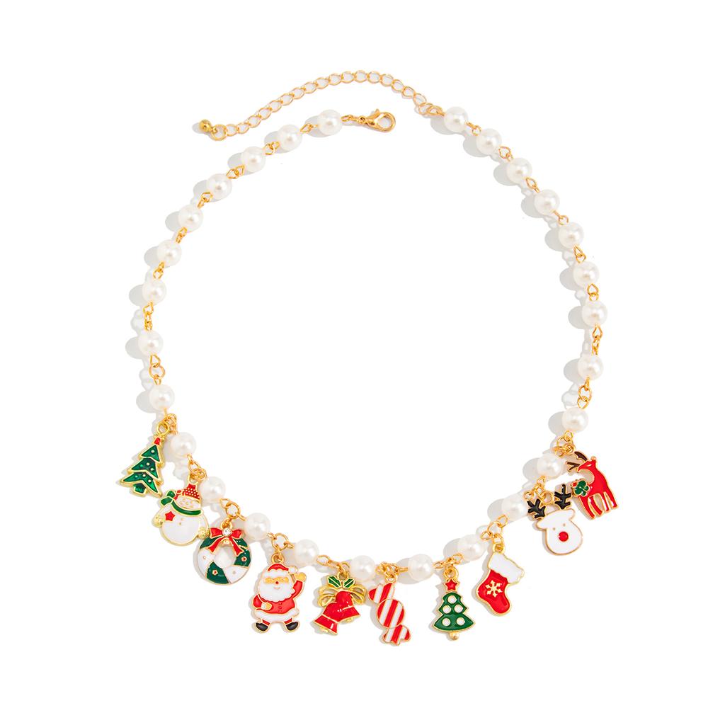 Ingemark Boho Imitation Pearls Snowman Christmas Tree Elk Pendant Choker Necklace  Women Trendy Metal Chain Christmas Jewelry